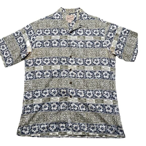 Woolrich Shirt Adult Extra Medium Green Blue Floral Hawaiian Short Sleeve Mens - Picture 1 of 9